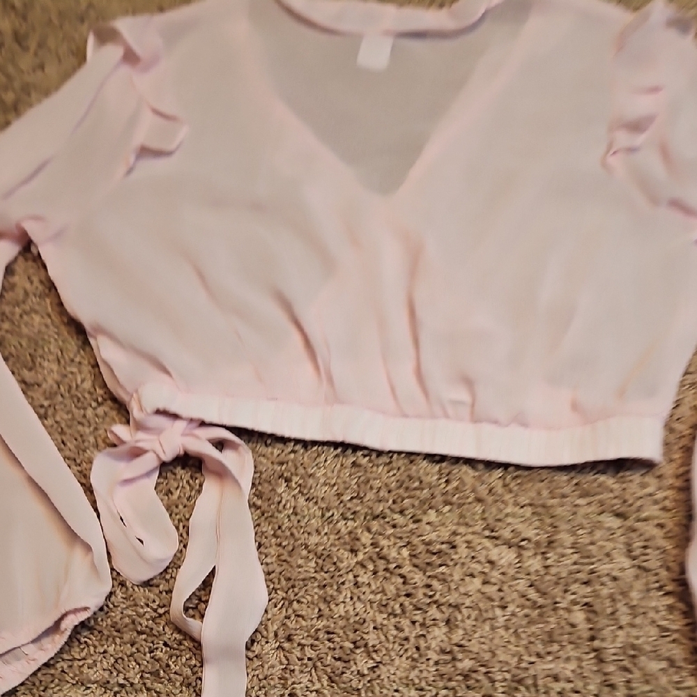 Know One Cares Sheer Mesh Pink Ruffle Wrap Blouse - Picture 5 of 8